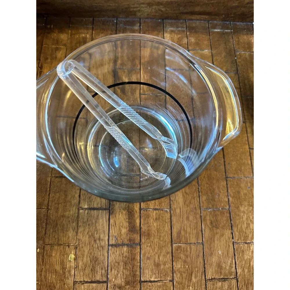 Vintage France Glass Ice Bucket with Bow Tie Graphic and Acrylic Tongs Clear EUC